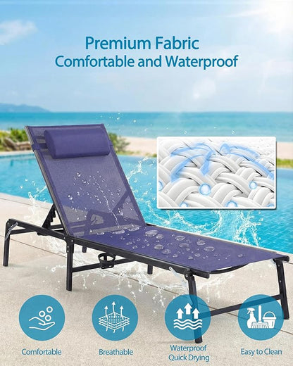 4 Pack Foldable Chaise Lounge Chair with Cup Holder, Assemble-Free Outdoor Lounge Chair with Detachable Pillow and 6 Adjustable Backrest, Patio Lounge Chair for Outside Poolside Beach Pool, Blue