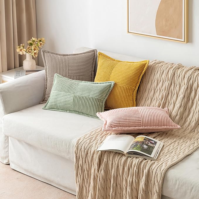MIULEE Decorative Lumbar Throw Pillow Covers for Couch Bed Livingroom 12x20 Inch Set of 2 Light Brown Boho Accent Throw Pllows Broadside Striped Patchwork Soft Corduroy Pillowcases