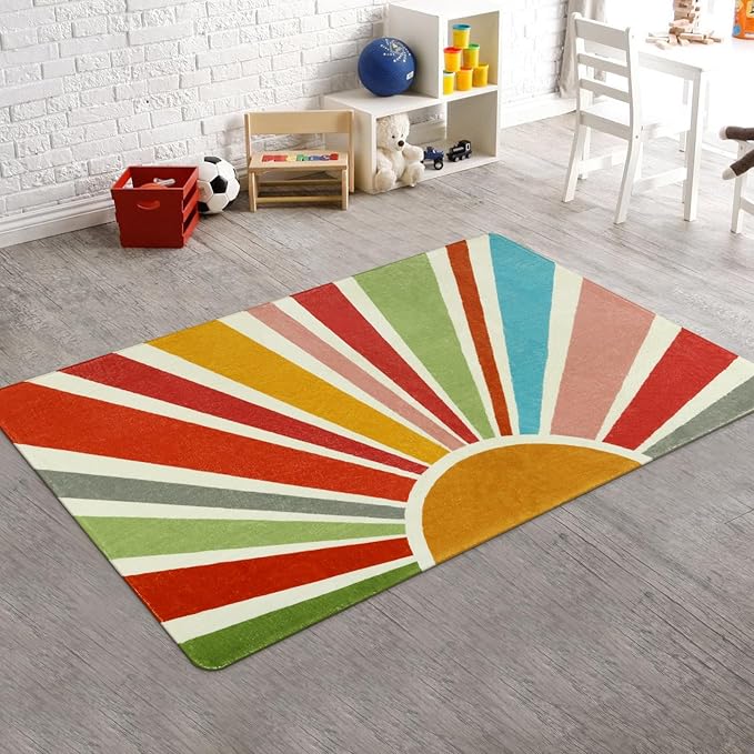 Boho Washable Rug 3'x5' Rug Kids Area Rug for Playroom, Colorful Kids Rug for Bedroom, Non-Slip Throw Sun Carpet Soft Small Sunshine Rug for Office Nursery Entryway Dorm