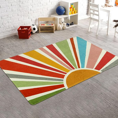 Boho Washable Rug 3'x5' Rug Kids Area Rug for Playroom, Colorful Kids Rug for Bedroom, Non-Slip Throw Sun Carpet Soft Small Sunshine Rug for Office Nursery Entryway Dorm