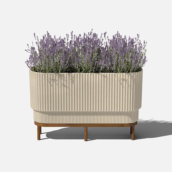 Veradek Demi Series Raised Long Planter for Indoor/Outdoor Use | Made from Plastic & Stone w/Wooden Stand | Modern Patio Décor for Flowers/Shrubs