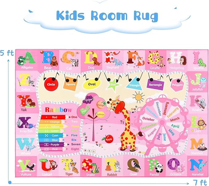 Kids Rug 5x7 Pink Rugs for Girls Bedroom Playroom Child Play Mat Educational and Fun Baby Care Rugs,Learning Rug with ABC Alphabets Animals Shapes No-Slip Carpets for Children Toddler Washable