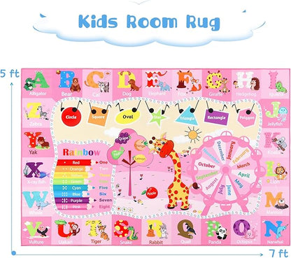 Kids Rug 5x7 Pink Rugs for Girls Bedroom Playroom Child Play Mat Educational and Fun Baby Care Rugs,Learning Rug with ABC Alphabets Animals Shapes No-Slip Carpets for Children Toddler Washable
