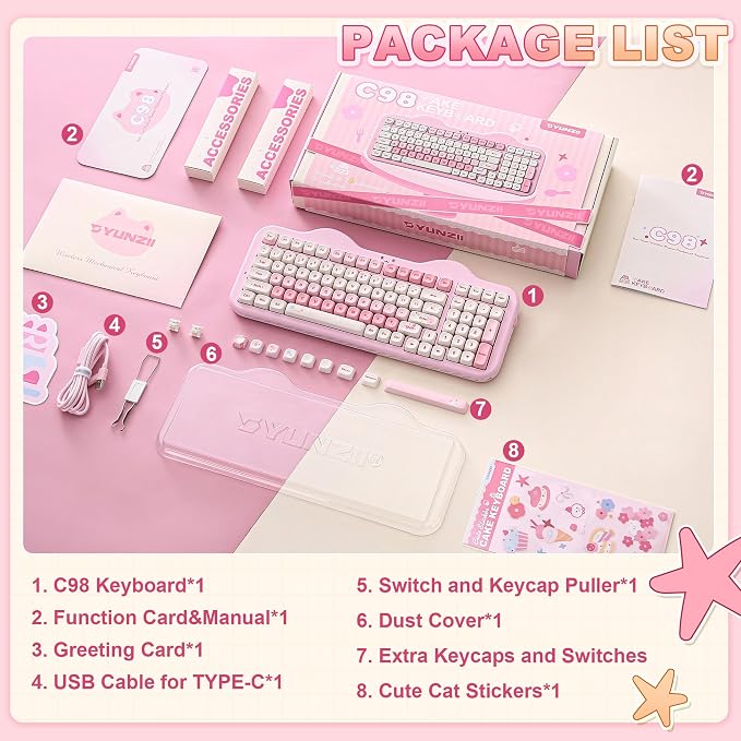 YUNZII C98 Cute Cake Wireless Mechanical Keyboard(Pink, Candy Switch) | 99 Keys with Number Pad, Hot Swap, PBT MOA Keycaps, BT5.0/2.4G/USB-C, Gasket Mount, Custom RGB Backlit for Win/Mac