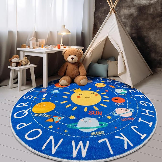 Round ABC Kids Rug,5.2 Ft Soft Circle Alphabet Playroom Rug,Washable Non-Slip Solar System Kids Play Rug,Space Educational Rug Kids Carpet for Classroom Playroom Bedroom Kids Room Decor