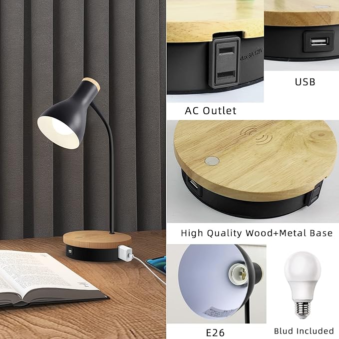 Metal Desk Lamp Wireless Charging Table Lamp Touch Reading Lights Arc Desk Lamps for Bedroom, 3 Way Dimmable Bedside Lamp with USB Charging Ports, Reading Lamp for Study Room and Office (Black-02)
