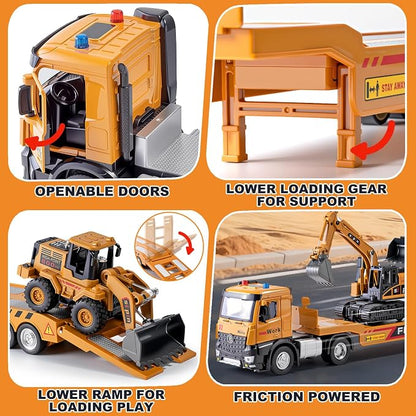 Kids Construction Toy Set Metal Cab, Semi Truck, Excavator, Bulldozer, Die-cast Engineering Construction Vehicles Truck Toys with Lights & Sounds, Ideal Gift for 3 4 5 6 7 Years Old Boys Toddlers