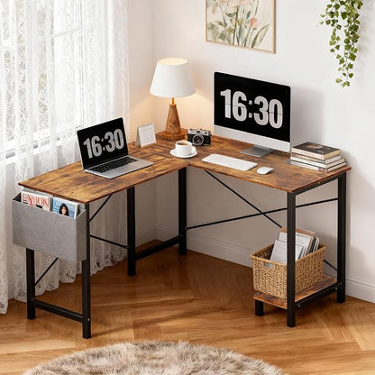 OLIXIS L Shaped Desk, 50-Inch Office Computer Gaming Desks Corner PC Table with Side Bag and Reversible Shelf for Home Work Study Writing Rustic Brown | Side Bag, Reversible Shelf, Home Work Study Writing, PC Workstation, Easy Assembly, Rustic Brown