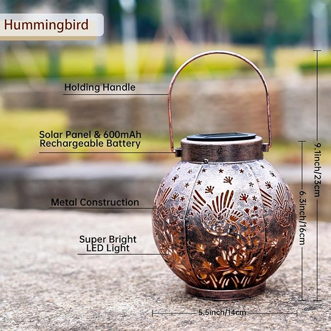 2 Pack Outdoor Solar Hanging Lantern Lights Metal LED Decorative Lamp for Garden Patio Courtyard Lawn and Table with Hollowed-Out Design (Bronze Hummingbird)