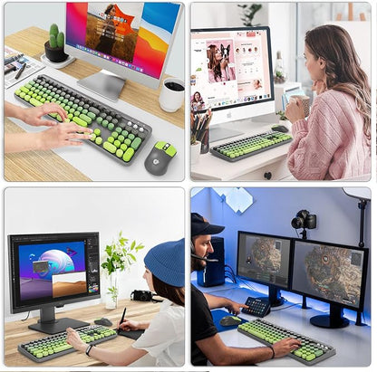 FOPETT Wireless Keyboard and Mouse Combo, 104 Keys Full-Sized 2.4 GHz Round Keycap Colorful Keyboards, USB Receiver Plug and Play, for Windows, Mac, PC, Laptop, Desktop (GreyGreen)