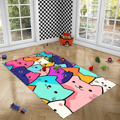 Cat Rug for Girls Bedroom - Cat Area Rug Cartoon Cat Rug Carpet for Kids Room Cute Cat Rugs Room Decor Colorful Anime Rug with Cat Printed, 4x5 Feet