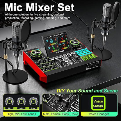 tenlamp G10 Podcast Equipment Bundle for 2 with Live Sound Board Audio Mixer - Two Condenser Mics, Voice Changer, Noise Reduction, for PC/Phone Streaming, Gaming, Singing, Podcast, Recording