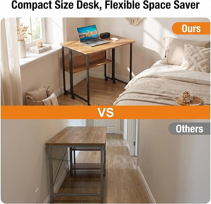 Mobile Foldable Computer Desk with Lockable Wheels & Fixed Foot Pads,Space Saving Folding Writing Gaming Table with Storage Shelf,Laptop Desk for Bedroom Small Apartment Office