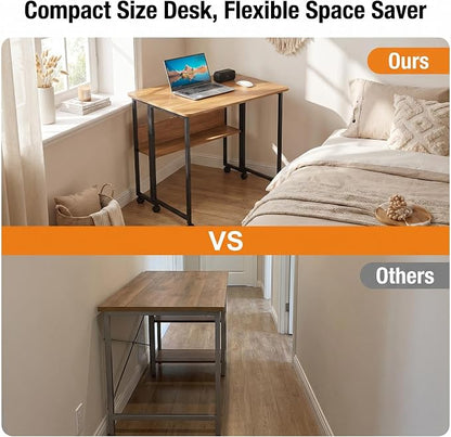 Mobile Foldable Computer Desk with Lockable Wheels & Fixed Foot Pads,Space Saving Folding Writing Gaming Table with Storage Shelf,Laptop Desk for Bedroom Small Apartment Office