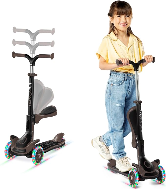 3 Wheel Scooter for Kids with Foldable Seat, Adjustable Handlebar Height, Lean-to-Steer Ride On Toy for Kids Ages 2+, Light-Up LED Wheels, Wide Anti Slip Deck, Indoor & Outdoor Use