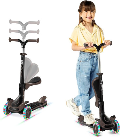 3 Wheel Scooter for Kids with Foldable Seat, Adjustable Handlebar Height, Lean-to-Steer Ride On Toy for Kids Ages 2+, Light-Up LED Wheels, Wide Anti Slip Deck, Indoor & Outdoor Use