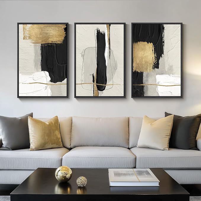 Large Framed Black and White Abstract Wall Art, 3 Piece Modern Canvas Prints Paintings Artwork for Walls, Minimalist Black Beige Gold Pictures for LIving Room Bedroom Office Wall Decor Total 30x60 In