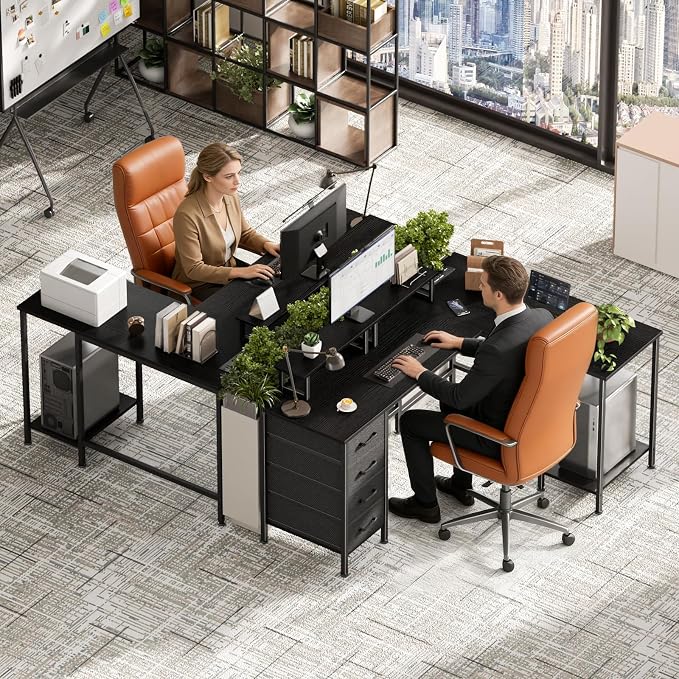 Korfile 59 inch L Shaped Computer Desk with Power Outlets, Black | Ideal for Home Office, Bedroom, Corner, 4 Adjustable Storage Drawers, 2 Monitor Stands, Reversible, Two Person Gaming Table