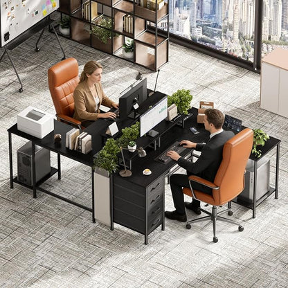 Korfile 59 inch L Shaped Computer Desk with Power Outlets, Black | Ideal for Home Office, Bedroom, Corner, 4 Adjustable Storage Drawers, 2 Monitor Stands, Reversible, Two Person Gaming Table