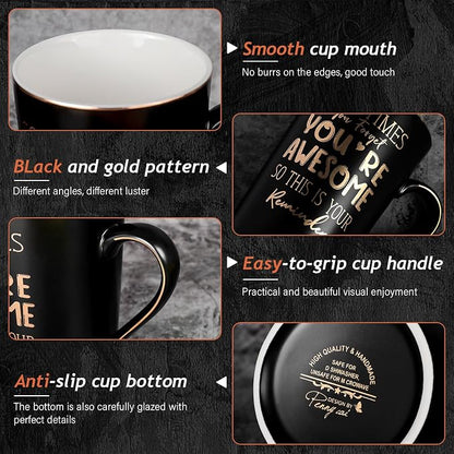 Anniversary Birthday Thank You Gifts for Men, 14oz Unique Black Ceramic Mug | Sometimes You Forget You're Awesome - Gold Print Inspirational Cup, Funny Valentines Day Presents for Boyfriend Husband Him