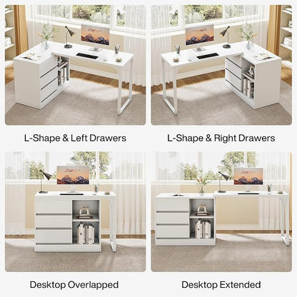 Tribesigns L-Shaped Computer Desk with Drawers and Shelves, Reversible White Corner Office Desk with Storage Cabinet, Modern Study Writing Table for Home Office, Bedroom