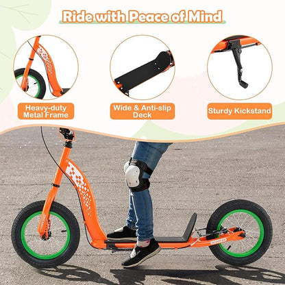 GYMAX Scooter, Kick Scooter for Adults, Teens, Kids with Adjustable Handlebar, 12” Inflatable Wheels, Front Caliper Brake & Non-Slip Deck, Heavy Duty Off-Road Scooter