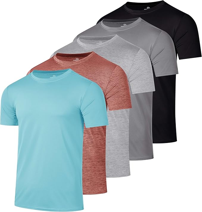 5 Pack Men's Dry Fit Short Sleeve T-Shirt Gym Workout Athletic Running Tee | Cooling, Moisture-Wicking, Crew Neck, Quick-Dry, Breathable, Active, Exercise, Fitness, Basketball, Cycling, Hiking, Tennis