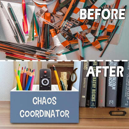 Chaos Coordinator Blue Pen Pencil Holder Organizer for Desk, Thank You Gifts for Women Men Coworkers Boss Leader Manager, Appreciation Gifts Wooden Box Sign for Office Tabletop Decorations