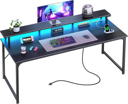 PRAISUN 55 inch Gaming Desk, LED & Power Outlets, Monitor Stand, Black | Sturdy PC Desk for Home Office, Study & Work, LED Lights, 4 AC Outlets & USB-C Charging Station