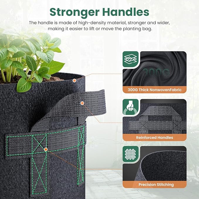 10 Pack 2 Gallon Grow Bags, Thickened Nonwoven Fabric Planter Pots with Handles, Heavy Duty 300G Garden Pots for Tomato, Potato and Vegetable