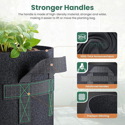 5 Pack 10 Gallon Grow Bags, Thickened Nonwoven Fabric Planter Pots with Handles, Heavy Duty 300G Garden Pots for Tomato, Potato and Vegetable