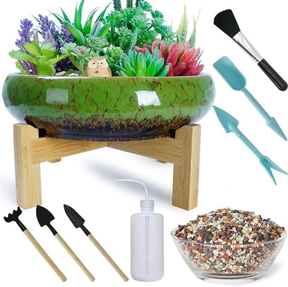 ARTKETTY Large Succulent Pots with Drainage 10 inch Succulent Planters with Planting Tools Set & 2.2lb Mix Pebbles - Ceramic Bonsai Pot for Indoor Succulent Plants Cactus Flower Planter