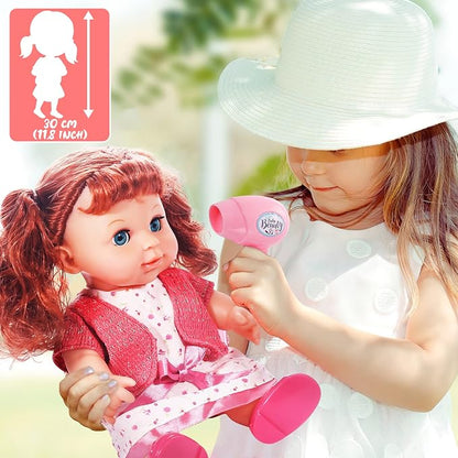 deAO 11 Inch Girl Doll with Hair and Accessories Baby Girl Dolls Toy Set Fashion Doll with Long Fine Hair and Dresses, Shoes, Comb & Hair Dryer Baby Girl Playset