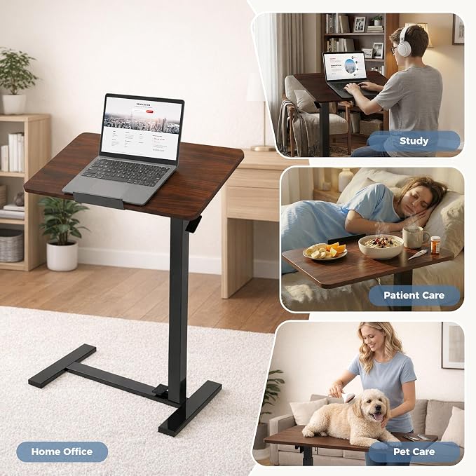 Overbed Table Adjustable Bedside Desk with Wheels Brown | Pneumatic Lift Design Offers Easy Height Adjustment for Bed and Sofa Use