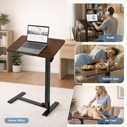 Overbed Table Adjustable Bedside Desk with Wheels Brown | Pneumatic Lift Design Offers Easy Height Adjustment for Bed and Sofa Use