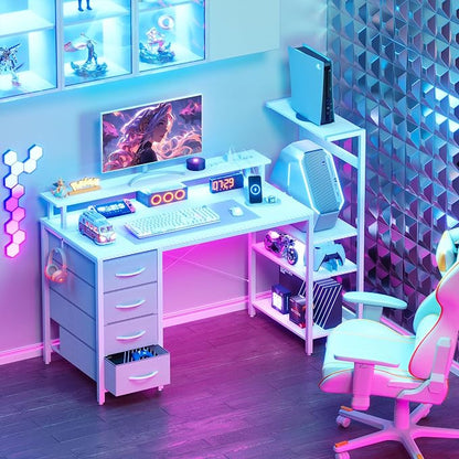 51 Inch Gaming Desk with Drawers & PC Tower Stand & LED Lights, White | Reversible, Monitor Shelf, Power Outlets, Carbon Fiber, Mesa Gamer, Computer Desk with Storage, Gaming Table for Home Office