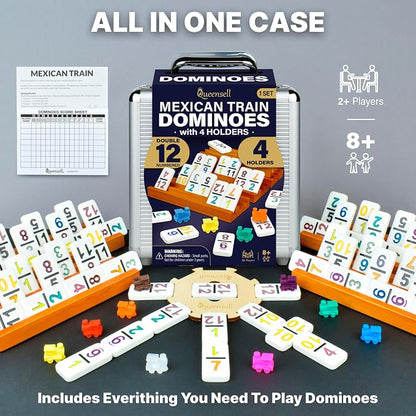 Queensell Mexican Train Dominoes Set with Numbers and 4 Holders - Wooden Hub and Domino Holders - Double 12 with Numbers (D12 Numbers + 4 Holders)
