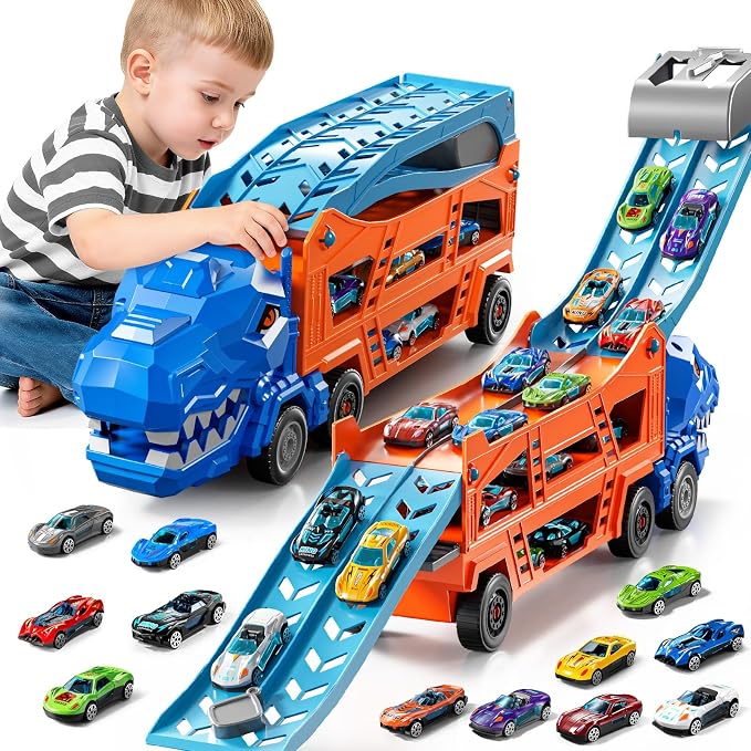Race Track Truck Toys for 3 4 5 6 7 8 Years Old Boys, 2-Tier Storage Carrier Vehicle Playset with 12 Die-Cast Racing Car Toys, Car Ramps, Birthday Gifts for Toddlers Kids Girls Age 3-5 4-8