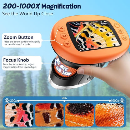 Odatay 4K 1000X Digital Microscope for Kids with Long Distance Viewing & 2.4" Screen, Portable Handheld Edu Toys for Kids Age 3-12 Exploring Bugs Plants at Home Classroom & Outdoor Travel, Orange