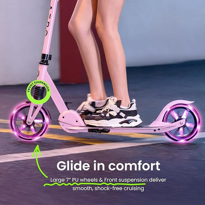 AERO MOBILITY Kick Scooter for Kids 6+, Teens & Adults | Light Up Wheels, Hand Brake, Rubber Deck Mat & Shock Absorption | Foldable & Height Adjustable