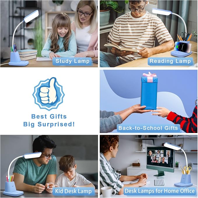 LED Desk Lamp with 10W Wireless Charging & Pen Holder, Blue | CRI 95, 800LM, Stepless Dimming, 3 Modes, 360°Flexible Arm, Touch, Study Table Lamp for Home Office, Dorm Room, with Adapter