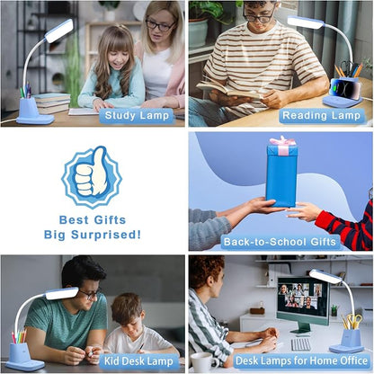 LED Desk Lamp with 10W Wireless Charging & Pen Holder, Blue | CRI 95, 800LM, Stepless Dimming, 3 Modes, 360°Flexible Arm, Touch, Study Table Lamp for Home Office, Dorm Room, with Adapter