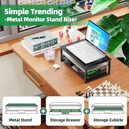 Simple Trending Metal Monitor Stand Riser and Computer Desk Organizer with Drawer for Laptop, Computer, iMac, Black | 16"W x 10"D x 6.25"H. Sturdy Metal Frame. 2-tier + drawer. Holds 66 lbs. Anti-slip. Fits laptop, monitor, iMac. Easy assembly