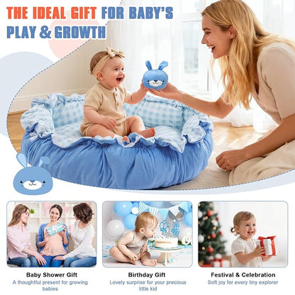 5-in-1 Baby Gym Play Mat with Cartoon Pattern, Extra Thick Plush Tummy Time Activity Gym with Hanging Toys, Sensory Development & Motor Skills Training Floor Mat, Blue