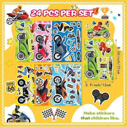 24 Sheets Motorcycle Stickers for Kids, Make a Motocross Face Sticker, Make Your Own Dirt Motobike Stickers for Kids Party Favor Birthday Party Supplies Crafts