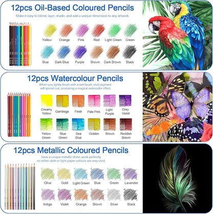 H & B Art Supplies, 72 Pack Drawing Supplies for Adults, Drawing Kit with Drawing Book, Coloring Book, Watercolor, Metallic Charcoal Macaron Oil-Based Coloured Pencils for Artists