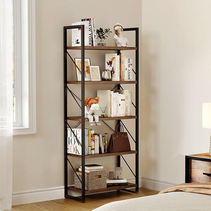 YITAHOME 5-Tier Bookshelf, Freestanding Book Shelf, Industrial Minimalist Open Display Storage Book Shelves Standing Shelving Unit for Living Room Bedroom Home Office, Rustic Brown