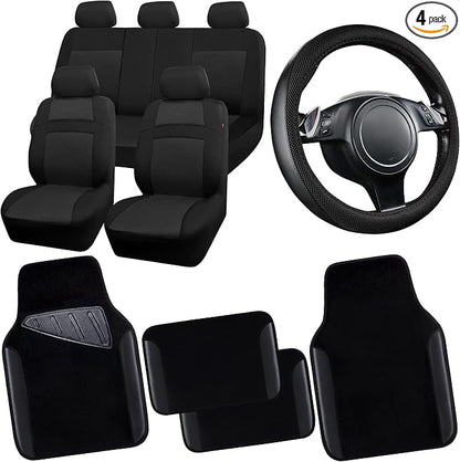 CAR PASS 3D Air Mesh Car Seat Covers Full Sets w/5mm Sponge, 4Pcs Waterproof Car Floor Mats, Steering Wheel Cover Universal Fit for SUV Sedan Truck, Airbag Compatible Automotive Interior(Black)
