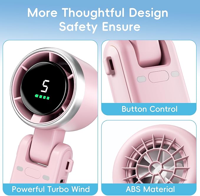 Morelax Personal Handheld Fan,High-Speed Turbo Fans,5-Speed with LED Display,Powerful Motor,4000mAh,USB Rechargeable Portable Cooling Fan for Outdoor Activities,Travel,Working,Pink