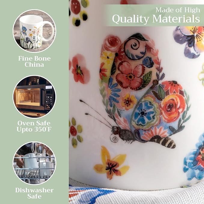 Maison d' Hermine Coffee Mug with Handles Tea Cups (15 Ounce, Pack of 1) | Fine Bone China Coffee Mugs for Hot Beverages Cappuccino Latte Home Spring Summer -Happy Florals - High Summer Butterfliess